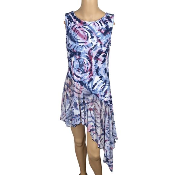 Pyramid Collection Blue Purple Tie Dye Asymmetric Ruffle Hem Top SZ XS - Picture 1 of 9